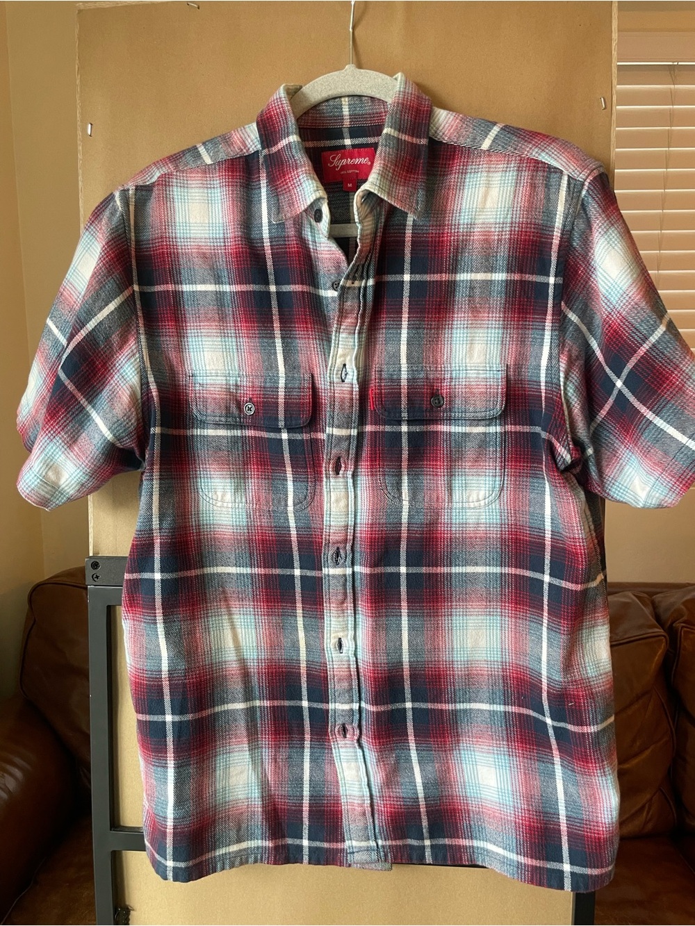 Supreme Red Navy White Plaid Short-Sleeve Button-Down Shirt WORN ONCE